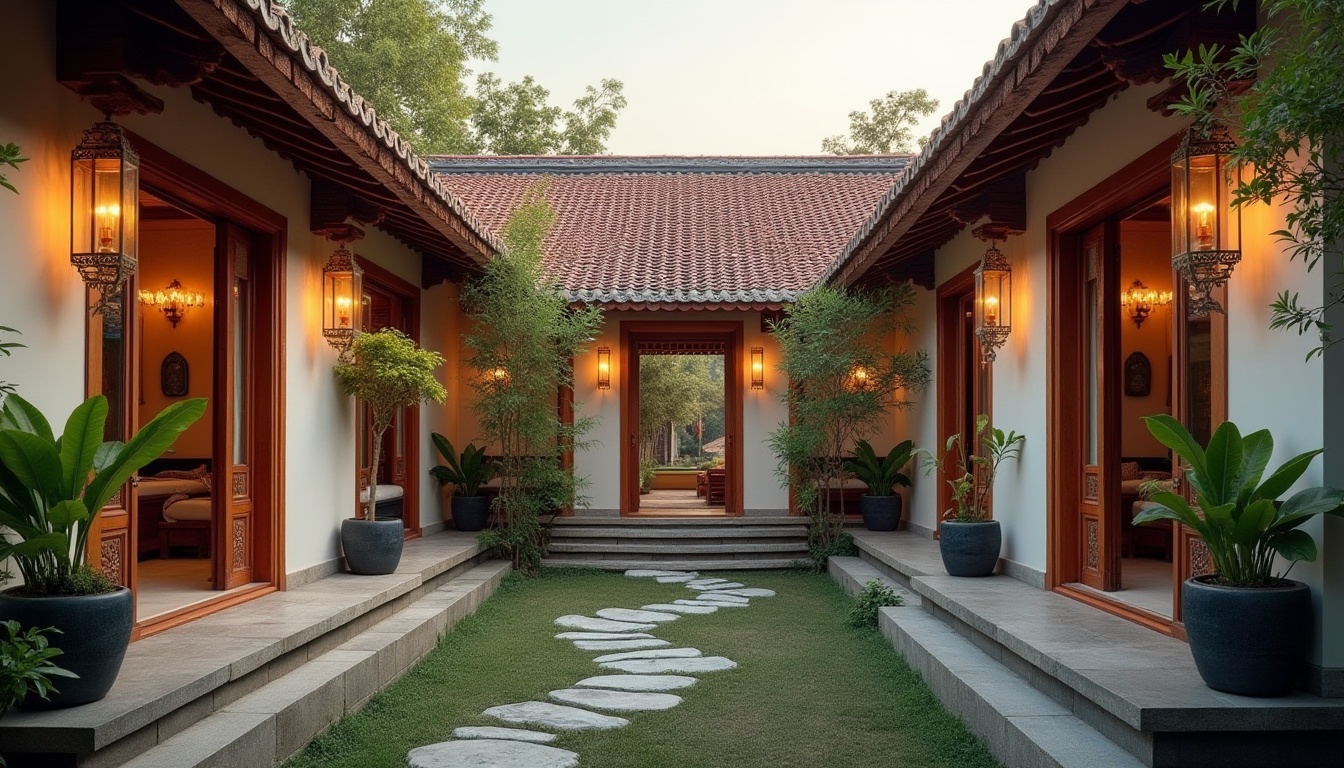 Prompt: Traditional villa, fusion style, modern twist, curved roof, red tiles, white walls, intricate carvings, wooden doors, ornate windows, lantern-like lighting fixtures, lush greenery, potted plants, winding stone path, serene courtyard, tranquil ambiance, warm sunset light, soft shadows, 3/4 composition, natural materials, earthy tones, cultural heritage meets modern simplicity.