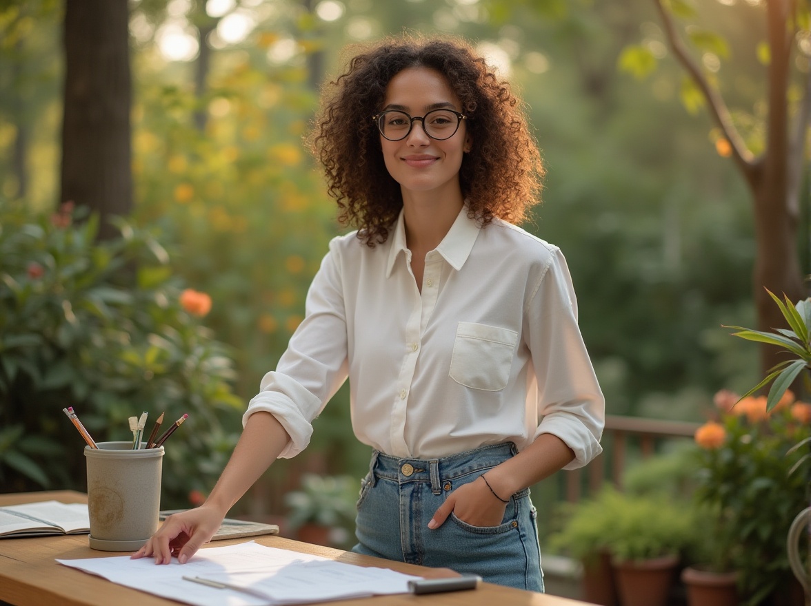 Prompt: Eco-friendly designer, woman, 25yo, curly brown hair, glasses, natural makeup, white shirt, rolled-up sleeves, high-waisted jeans, sneakers, standing, greenery, botanical garden, flowers, trees, sunlight, warm colors, wooden desk, pencils, papers, recycling bin, earthy tone, soft focus, shallow depth of field, natural lighting, relaxed atmosphere, harmonious composition.