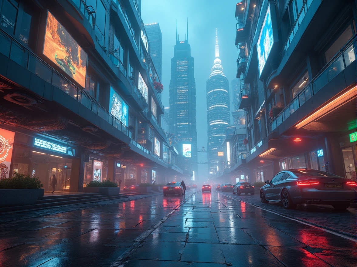 Prompt: Futuristic suburban space, sleek modern architecture, curved lines, neon lights, holographic advertisements, towering skyscrapers, levitating cars, robotic pedestrians, virtual reality interfaces, augmented reality graffiti, cyberpunk atmosphere, misty evening, vibrant city lights reflection on wet pavement, 3/4 composition, low-angle shot, dramatic lighting, cinematic feel.