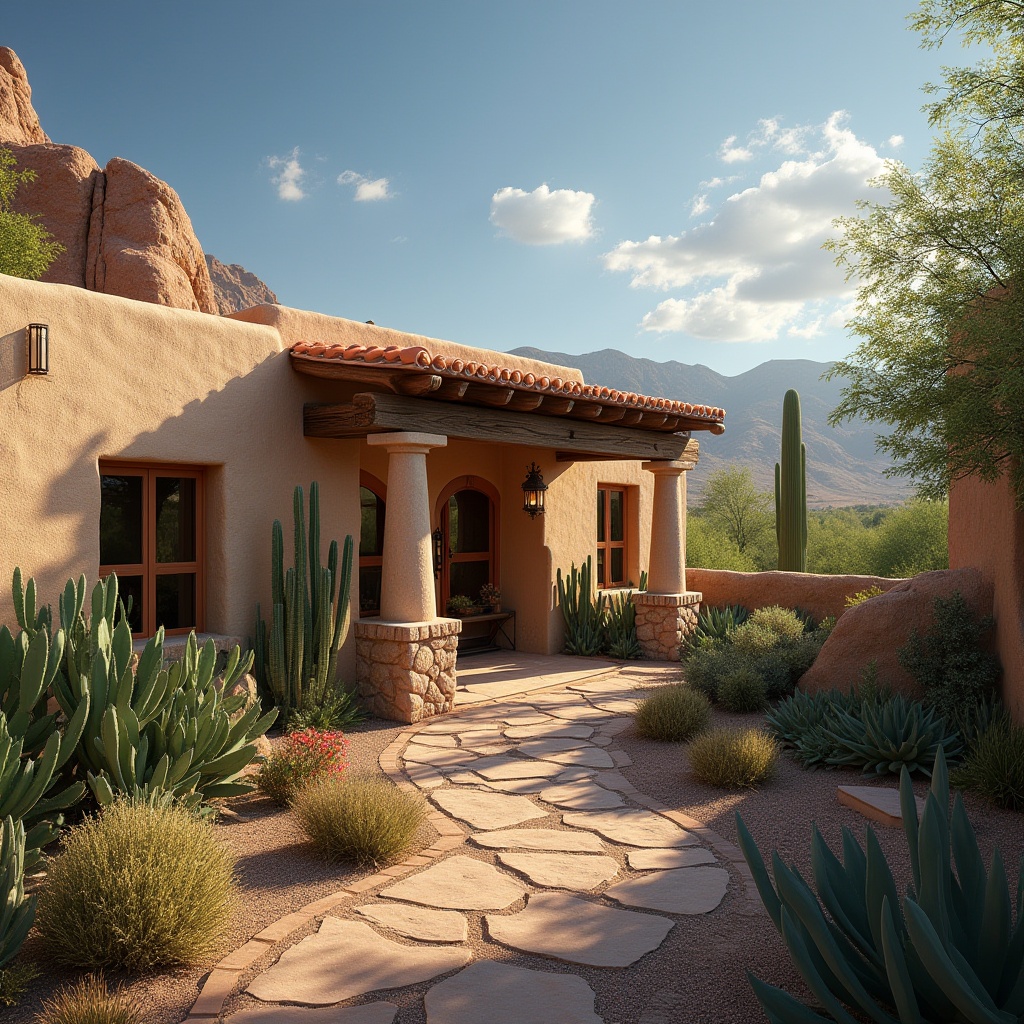 Prompt: Southwestern clinic, adobe structure, earthy tones, natural materials, wooden accents, stone walls, clay roof tiles, arched windows, ornate ironwork, lush greenery, cacti plants, desert flora, serene atmosphere, warm lighting, soft shadows, afternoon sun, distant canyon landscape, rolling hills, vast blue sky.