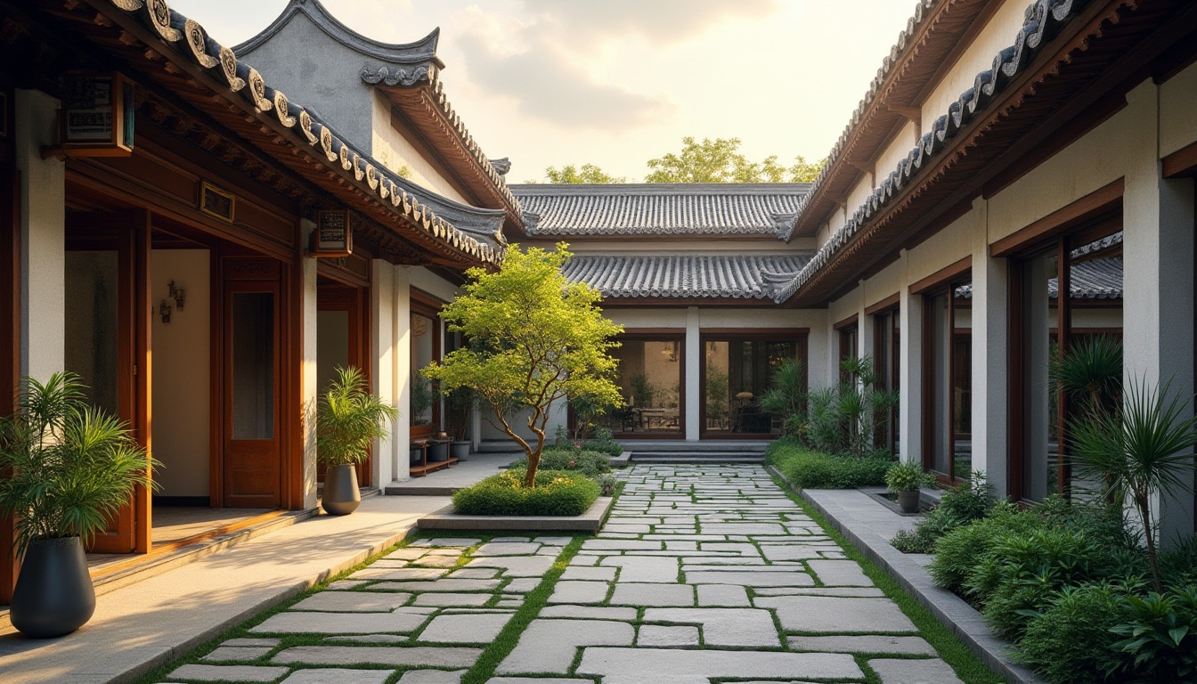 Prompt: Traditional Chinese roof tiles, curved eaves, intricate wooden carvings, ornate doorways, modern minimalist walls, large glass windows, steel beams, concrete columns, vibrant greenery, potted plants, winding stone paths, serene courtyard, natural lighting, warm afternoon sun, soft shadows, 3/4 composition, depth of field, HDR.