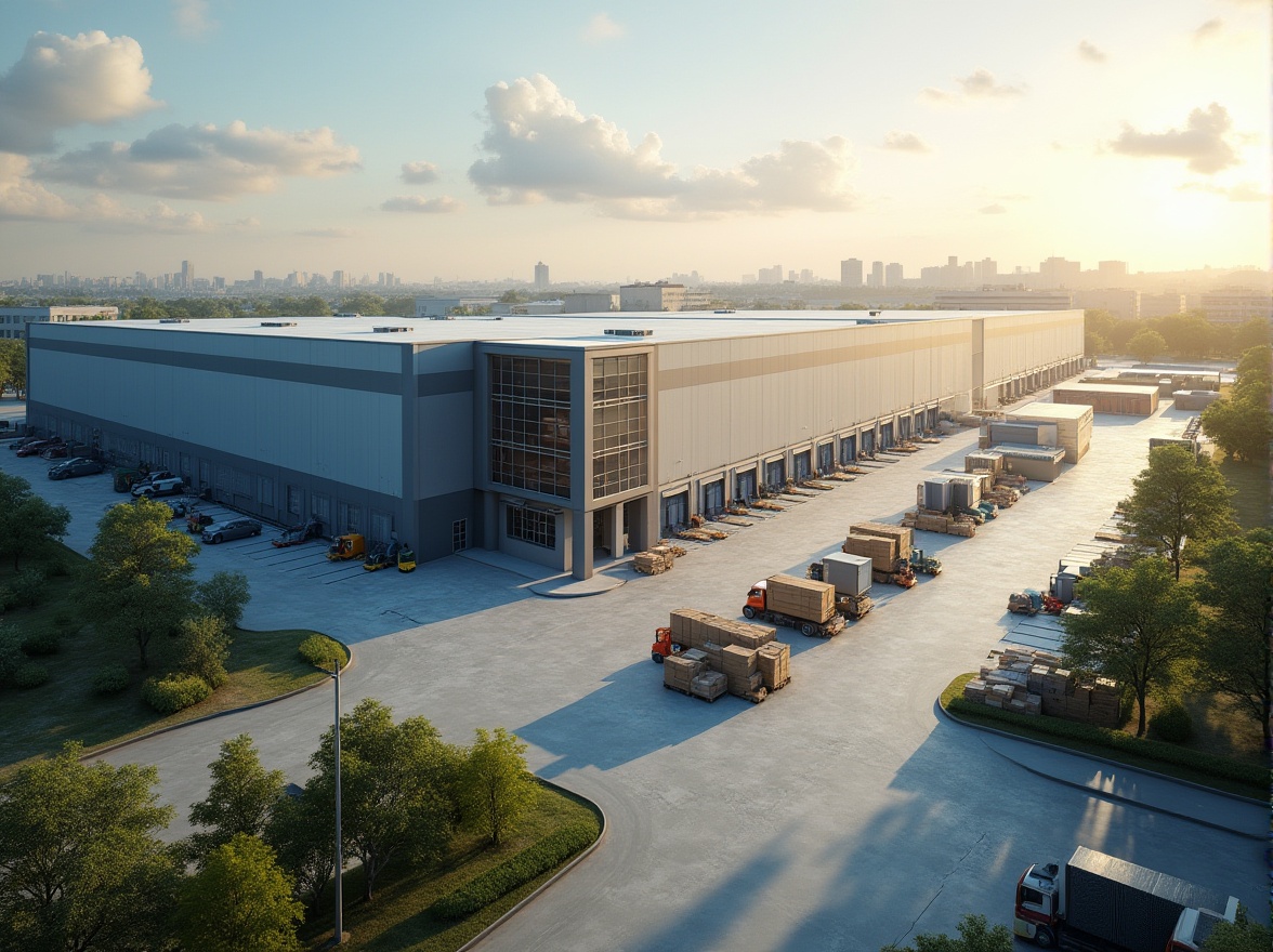 Prompt: modern suburban distribution center, sleek architecture, steel structure, glass facade, vast parking lot, rows of loading docks, busy forklifts, crates and boxes, industrial atmosphere, afternoon sunlight, soft shadows, gentle breeze, surrounding trees, greenery, distant residential buildings, urban planning, 3/4 composition, shallow depth of field, natural lighting.