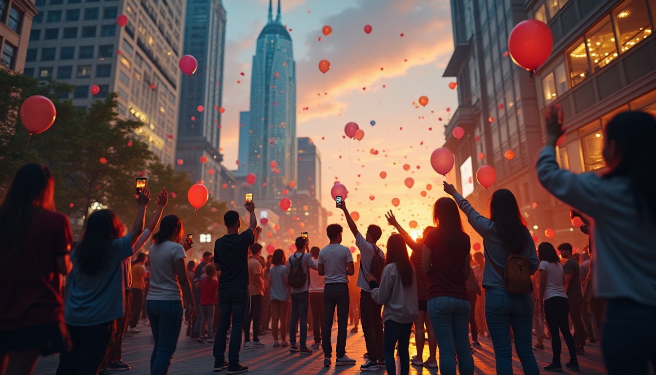 Prompt: Tall, majestic skyscraper, community engagement event, night scene, cityscape, bustling streets, diverse crowd, people from all ages, casual wear, jeans, t-shirts, sneakers, smiling faces, taking photos, chatting, laughing, hands together, teamwork, friendship, unity, colorful balloons, confetti, stage lights, microphone, motivational speech, inspirational quotes, sunset background, warm golden lighting, soft focus, shallow depth of field, cinematic composition.