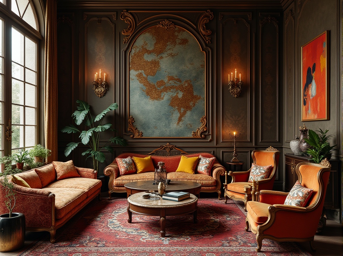 Prompt: Eclectic interior, luxurious, vintage furniture, mixed patterns, bold colors, statement pieces, ornate decorations, rich textures, metallic accents, abstract artwork, eclectic accessories, bohemian chic, modern twist, contrast lighting, atmospheric ambiance, 3/4 composition, warm color palette, soft focus, shallow depth of field.