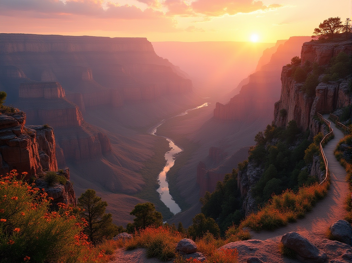 Prompt: Grand Canyon landscape, sunset time, warm orange and pink hues, layered rock formations, vast expanse of valleys, Colorado River flowing gently, lush green trees, rare wildflowers blooming, winding hiking trails, wooden railings, dramatic cliff edges, rocky outcroppings, soft misty atmosphere, 3/4 composition, panoramic view, cinematic lighting.