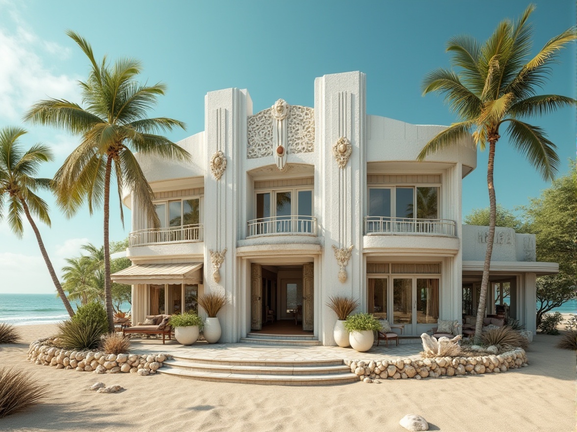 Prompt: Coastal Art Deco style building, plaster material, ornate decorations, geometric patterns, pastel colors, soft ocean breeze, sunlight reflecting off waves, sandy beach, palm trees, tropical plants, seashells, driftwood, distressed finishes, vintage nautical elements, grand entrance, curved lines, symmetrical composition, 3/4 view, warm ambient lighting, HDR.