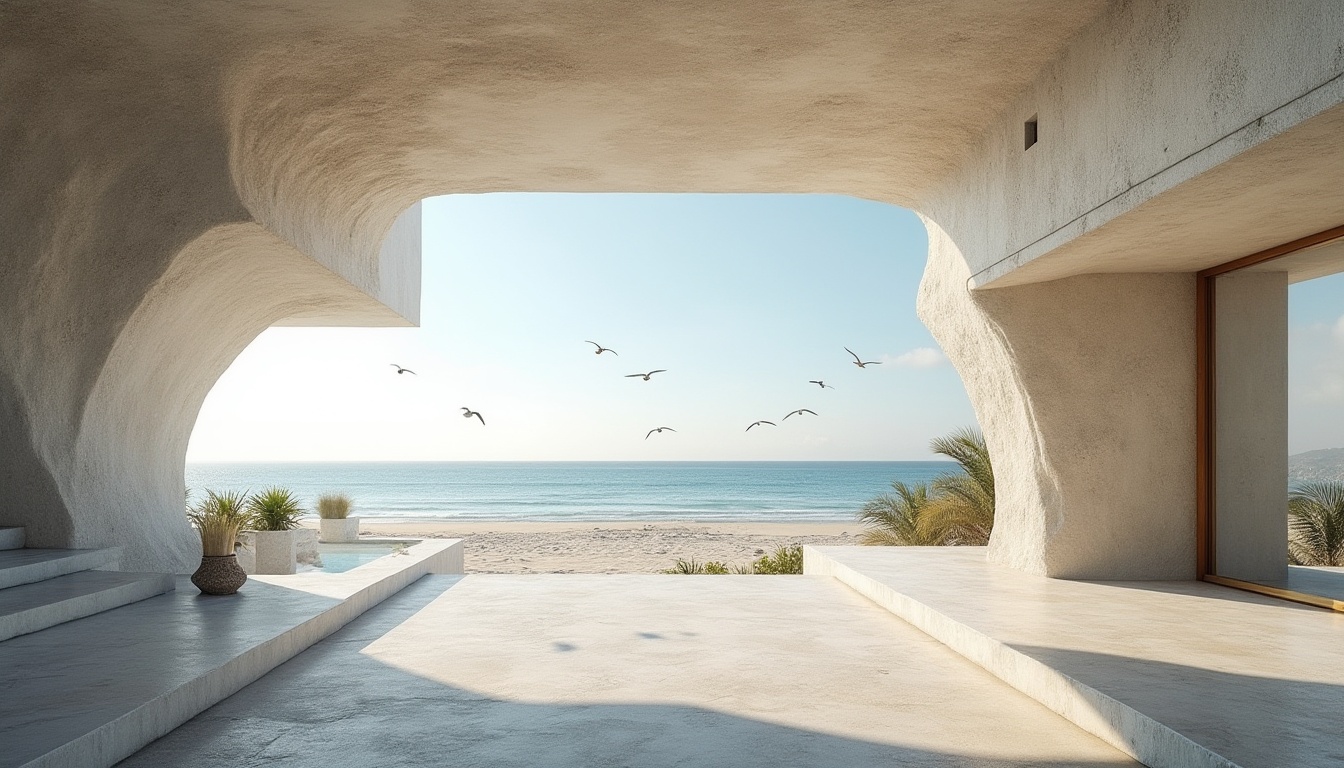 Prompt: Coastal scenery, modern architecture, villa, seaside, plasticrete material, textured, rough, irregular shape, ocean view, large windows, minimalist interior design, empty space, natural lighting, subtle color palette, calm atmosphere, beach, palm trees, sandy dunes, seagulls flying overhead, sunny day, warm light, low-angle shot, wide-angle lens.