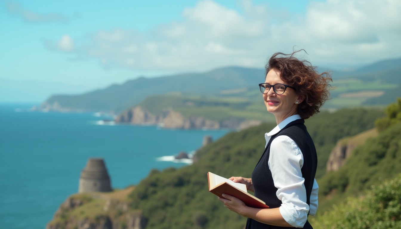 Prompt: Watching towers, coastal academic style, mature lady professor, 40yo, short curly brown hair, glasses, elegant makeup, white blouse, black waistcoat, long skirt, holding a book, standing on a cliff, overlooking the sea, blue sky with few clouds, sunny day, strong wind blowing hair, ancient stone towers in the distance, lush greenery, rugged coastline, dramatic composition, cinematic lighting, shallow depth of field.