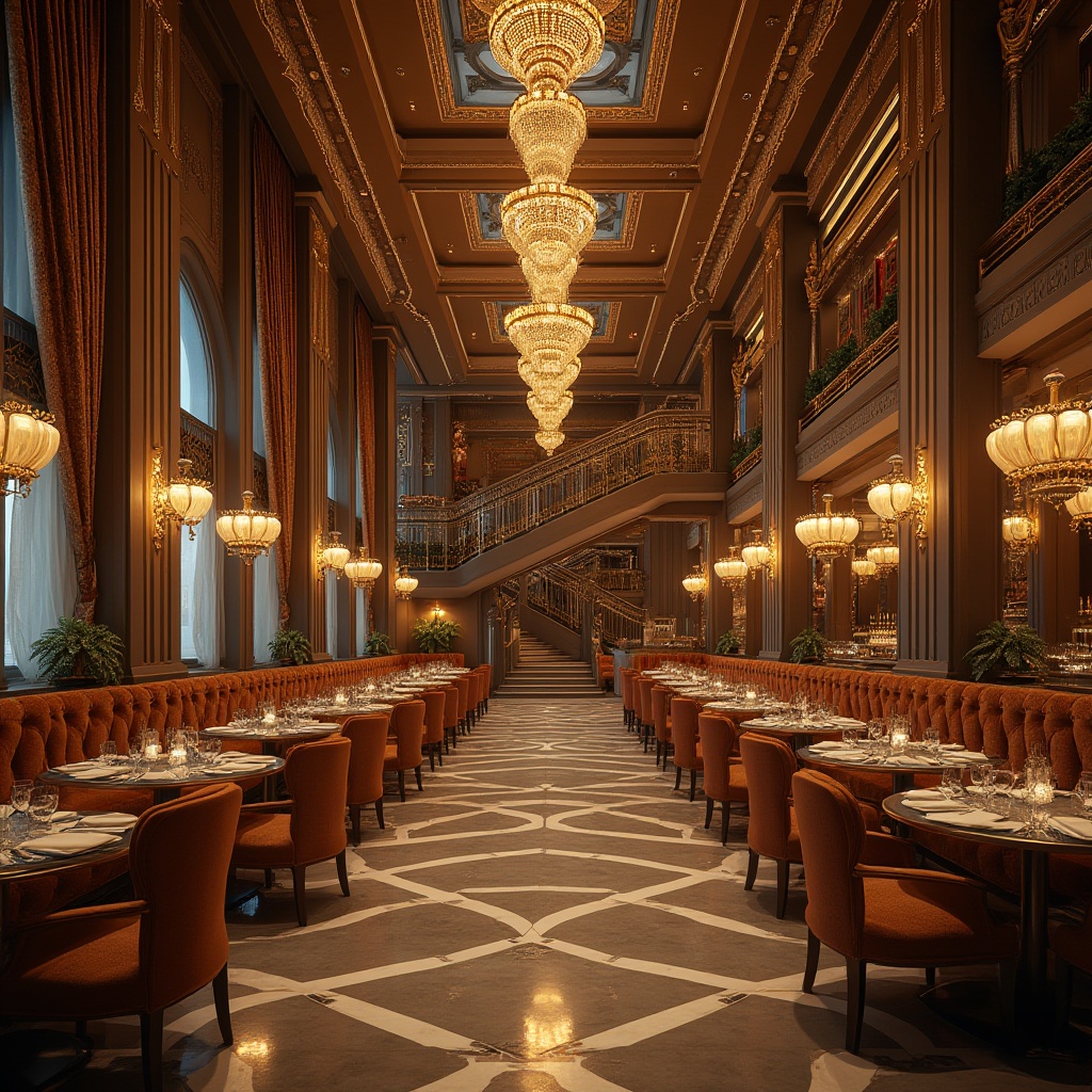 Prompt: Luxurious restaurant interior, Art Deco style, elegant ambiance, ornate metalwork, geometric patterns, luxurious fabrics, velvet drapes, crystal chandeliers, marble floors, grand staircases, lavish furnishings, vintage decorative items, refined dining atmosphere, warm golden lighting, 3/4 composition, shallow depth of field, cinematic mood, retro futuristic feel.