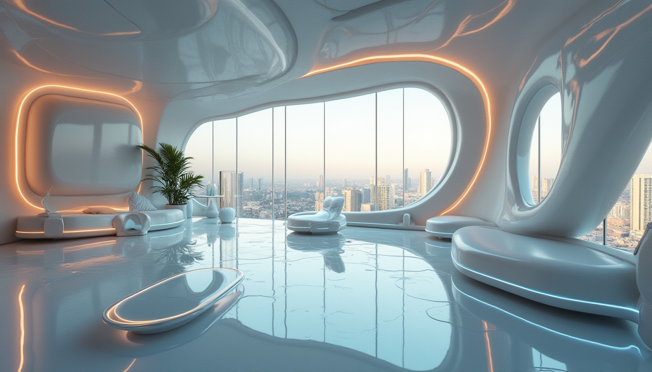 Prompt: Modern design, futuristic interior, shiny plastic material, translucent tables, reflective surfaces, sleek lines, minimalist decor, LED lights, abstract shapes, 3D modeling, metallic accents, glass windows, cityscape view, afternoon sunlight, low-angle shot, cinematic lighting, high-tech ambiance.