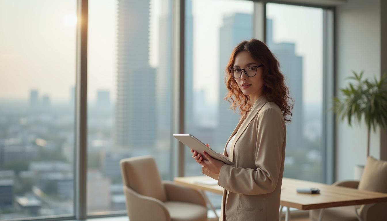 Prompt: Modern interior designer, female, 30s, professional attire, glasses, curly brown hair, subtle makeup, standing, holding a tablet, designing, modern minimalist office, wooden desk, ergonomic chair, floor-to-ceiling windows, cityscape view, bright natural light, soft shadows, 3/4 composition, shallow depth of field, pastel color palette, ambient lighting.