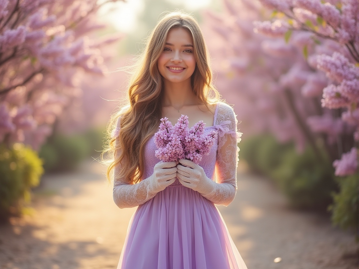 Prompt: Lilac-colored dress, flowing long hair, gentle smile, soft eye makeup, natural blush, slender waist, delicate legs, white lace gloves, holding a bouquet of lilacs, standing in a serene garden, surrounded by blooming lilac trees, warm sunlight filtering through the leaves, soft focus, shallow depth of field, pastel color tone, romantic atmosphere, dreamy lighting, 3/4 composition.