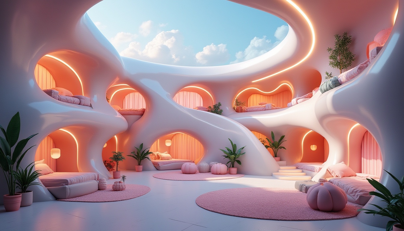 Prompt: Blob-shaped dormitory building, futuristic architecture, soft rounded edges, pastel colors, iridescent facade, glowing LED lights, cozy interior atmosphere, comfortable bedrooms, minimalist furniture, plush area rugs, natural light pouring through circular windows, blurred boundaries between walls and ceiling, organic shapes, irregular angles, playful color accents, modern technology integration, virtual reality gaming station, communal lounge area with blob-shaped seating, lush greenery, abstract art installations, ambient lighting, 3/4 composition, shallow depth of field.