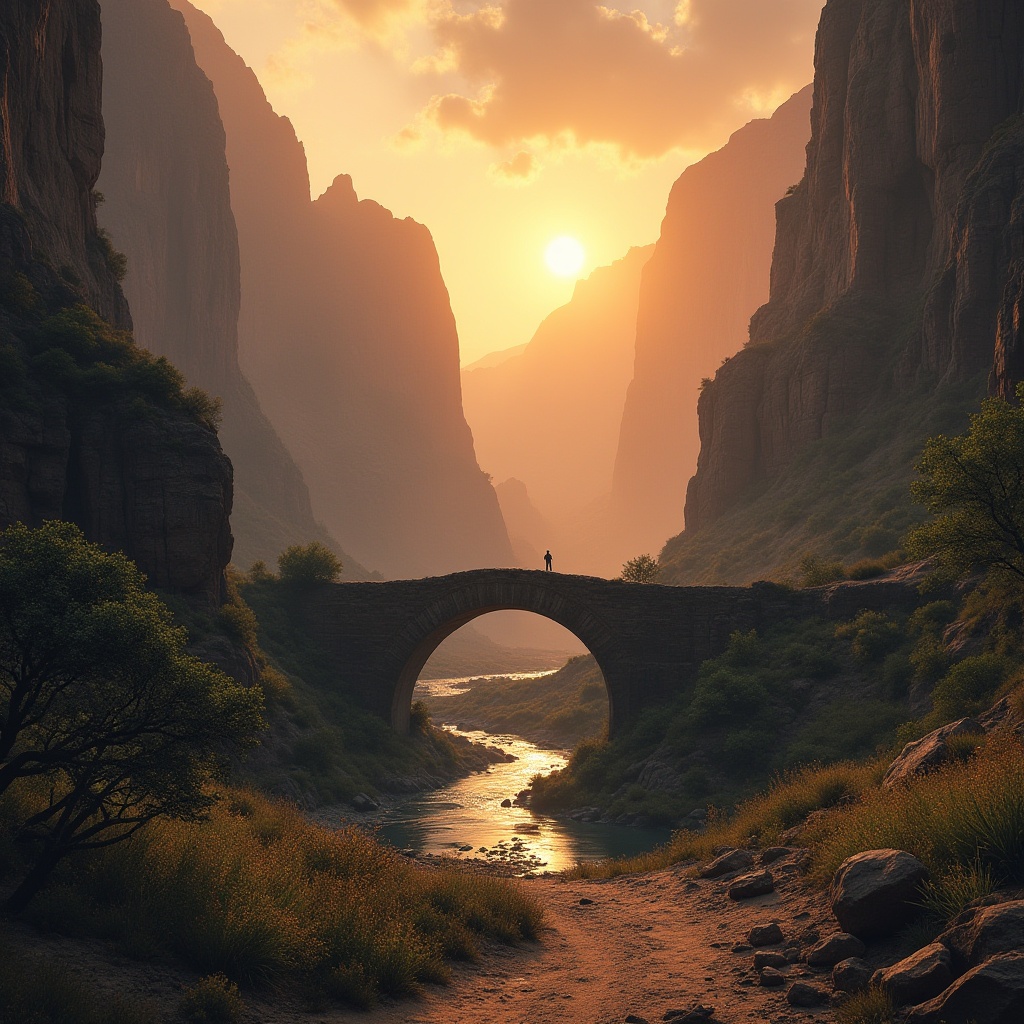 Prompt: Canyon-inspired atmosphere, vast desert landscape, majestic rocky cliffs, warm orange sunset, dramatic shadows, eerie silence, abandoned old wooden bridge, winding river flowing gently, lush green vegetation, rare wildflowers blooming, weathered stone walls, ancient mysterious ruins, dusty winding path, solitary figure in distance, warm soft lighting, cinematic composition, misty fog rising from canyon floor, depth of field.