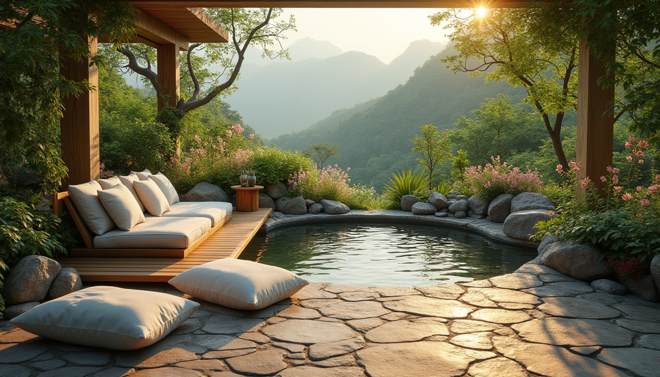 Prompt: Serene outdoor healing space, natural therapy area, lush greenery surroundings, vibrant flowers blooming, calming sound of gentle water flow, tranquil koi pond, wooden meditation deck, comfortable outdoor seating, soft cushions, natural stone flooring, warm sunny day, gentle breeze, distant misty mountains, peaceful atmosphere, 3/4 composition, soft focus, warm lighting, healing ambiance.