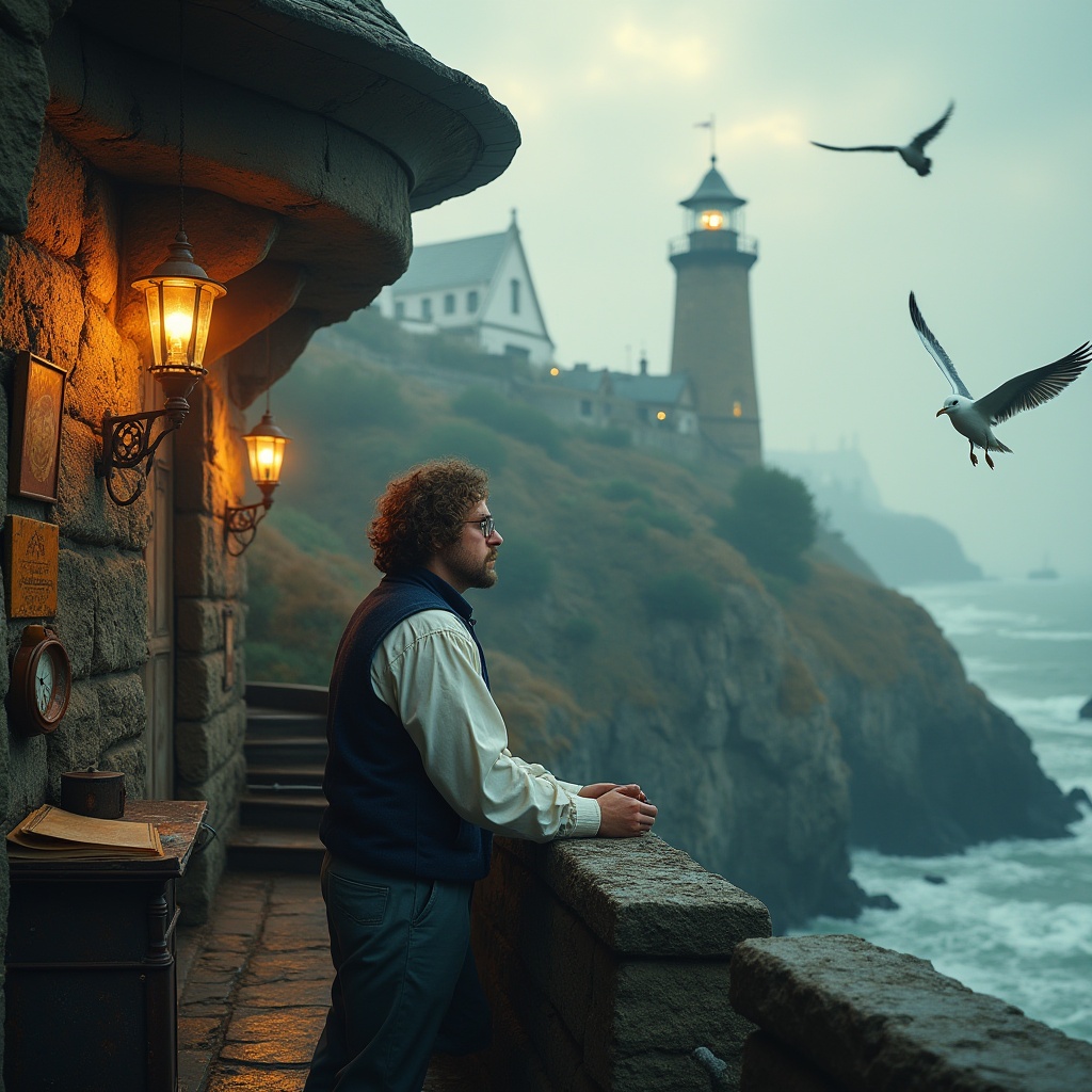 Prompt: Coastal academic style, watching towers, majestic lighthouse, rugged coastline, crashing waves, seagulls flying overhead, salty air, misty atmosphere, worn stone walls, rusty lanterns, winding staircase, mysterious hidden rooms, dusty old books, navigational instruments, ancient maps, professor-like character, bespectacled, curly brown hair, white shirt, dark blue vest, worn leather boots, leaning on the railing, gazing out at sea, warm golden light, dramatic composition, high angle shot, cinematic feel.