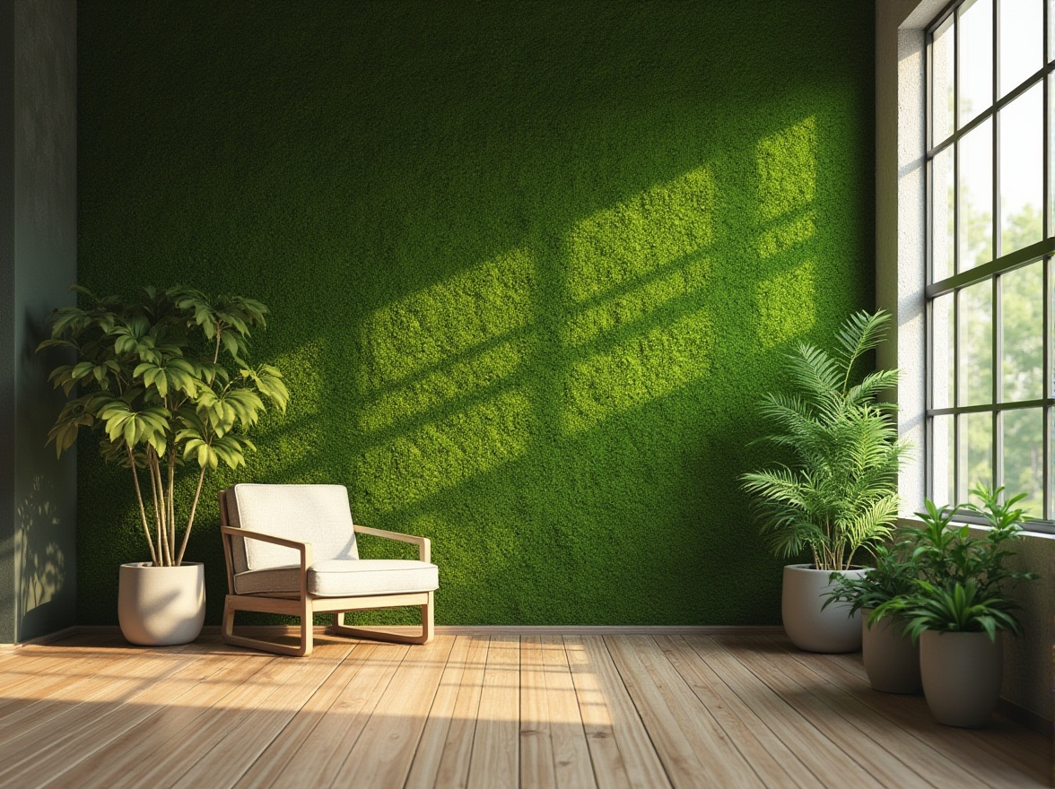 Prompt: Moss green walls, modern minimalist interior, solo decoration, calm atmosphere, natural texture, vibrant greenery, potted plants, wooden floor, large windows, soft daylight, 3/4 composition, shallow depth of field, warm ambient light, Scandinavian design style.