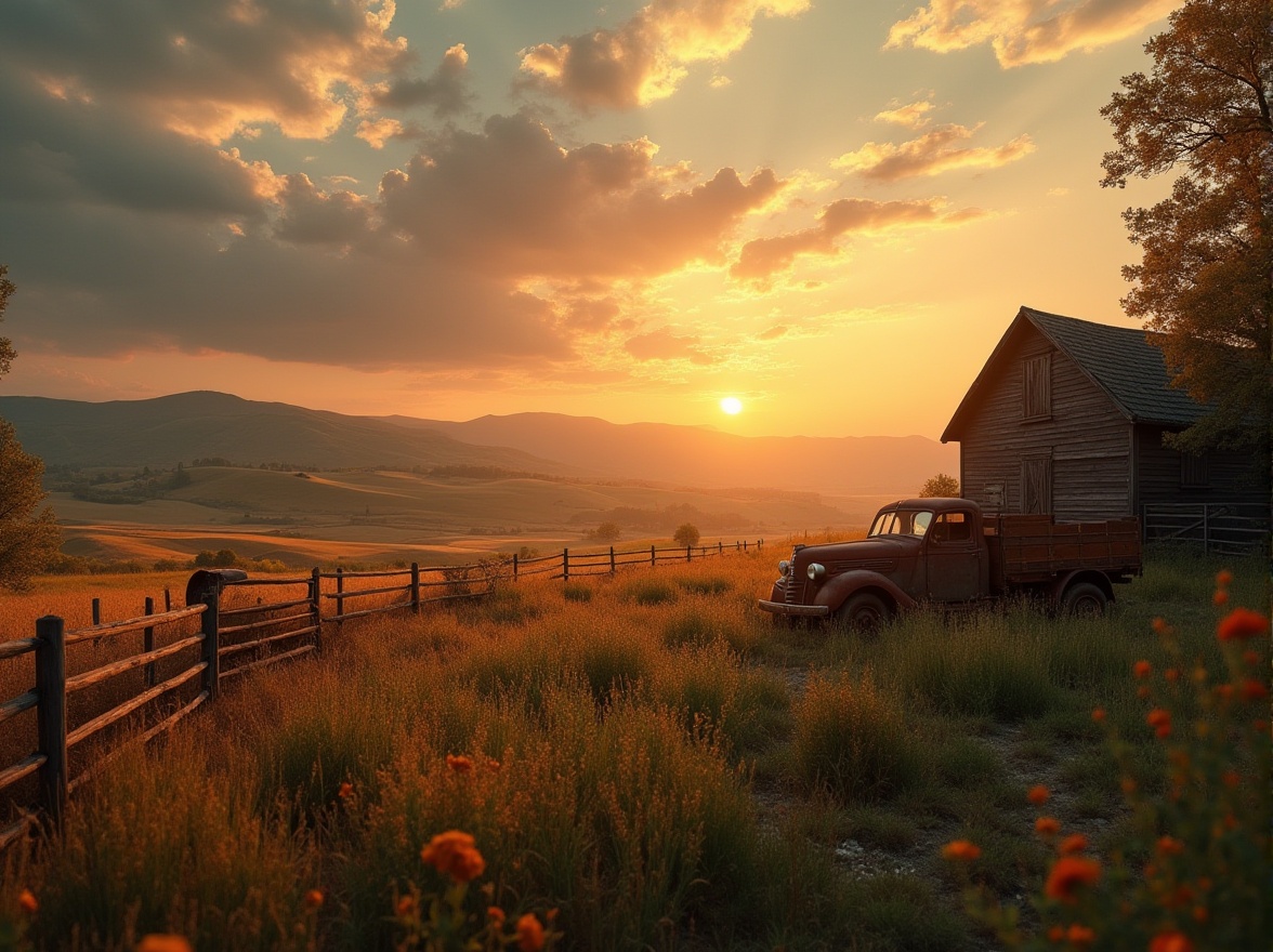 Prompt: Rural landscape, sunset glow, rolling hills, wheat fields, old wooden fences, rusty farm equipment, vintage truck, abandoned barn, overgrown vegetation, wildflowers blooming, misty atmosphere, soft warm lighting, cinematic composition, low-angle shot, 3/4 view, dramatic clouds, serene ambiance, peaceful atmosphere, nature sounds, gentle breeze, rustic textures.