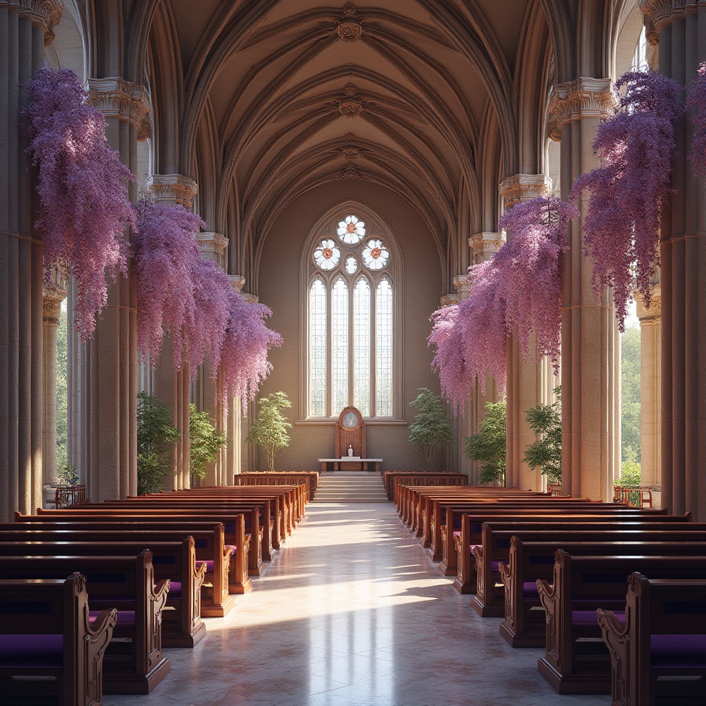 Prompt: Wisteria-inspired chapel, grand interior, elegant vaulted ceiling, ornate chandeliers, soft warm lighting, gentle purple hues, delicate Wisteria flowers cascading down stone columns, intricate Gothic arches, polished marble floors, luxurious velvet pews, stunning stained glass windows, serene atmosphere, morning light, subtle shadows, 3/4 composition, panoramic view.