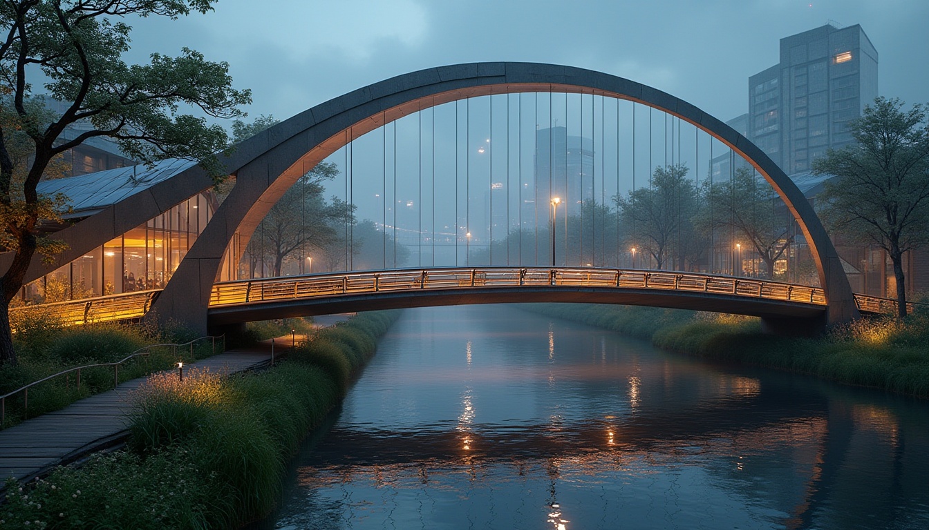 Prompt: Modern pedestrian bridge, sustainable design, eco-friendly materials, wooden railings, solar panels, green roofs, wildflowers blooming, gentle curves, steel cables, futuristic lamps, night scene, urban landscape, cityscape, river flowing underneath, calm water reflections, soft misty atmosphere, warm ambient lighting, 3/4 composition, low-angle shot.