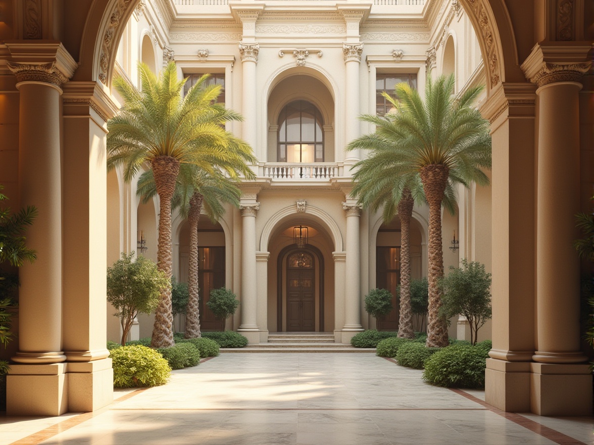 Prompt: Neoclassical building, grand entrance, pillars, ornate decorations, plastered concrete walls, smooth finish, subtle texture, warm beige color, large windows, arched doorway, symmetrical composition, central courtyard, lush greenery, palm trees, marble flooring, intricate moldings, soft golden lighting, afternoon sun, dramatic shadows.