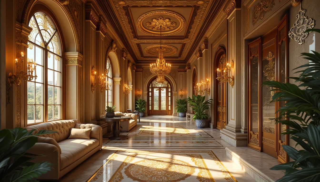 Prompt: Byzantine style housing, luxurious villa, ornate architecture, grandeur, intricate mosaics, golden accents, stained glass windows, iridescent glass material, reflective surfaces, beveled edges, ornate door handles, marble floors, high ceilings, chandeliers, lavish furnishings, warm ambient lighting, soft focus, shallow depth of field, cinematic composition.