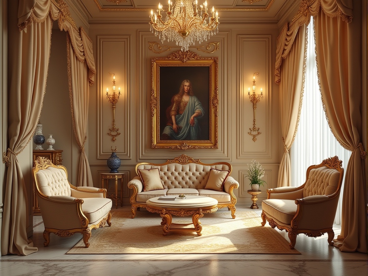 Prompt: Elegant classic interior, Victorian-style furniture, intricately carved wooden frame, velvet upholstery, golden ornate details, luxurious drapes, crystal chandelier, marble floor, Renaissance-inspired oil painting, vintage vase, antique clock, soft warm lighting, 3/4 composition, shallow depth of field, warm beige and gold color palette, high ceilings, grand staircase, lavish fabric textures.