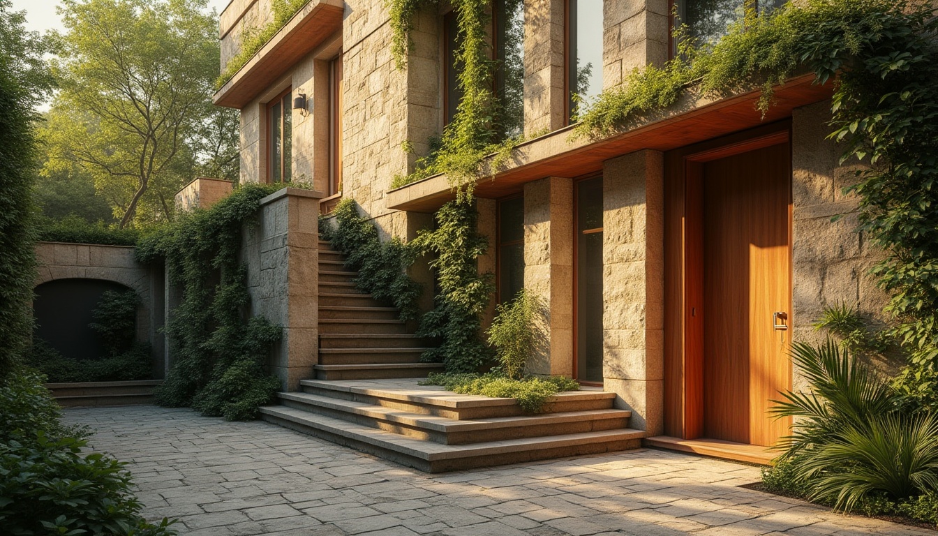 Prompt: Brown building, modern architecture, warm earthy tone, natural stone wall, wooden door, large windows, greenery surroundings, urban jungle, cityscape, afternoon sun, soft warm lighting, 3/4 composition, shallow depth of field, brutalist style, textured concrete, rough stone pavement, vibrant green vines crawling up the walls, serene atmosphere, natural harmony.