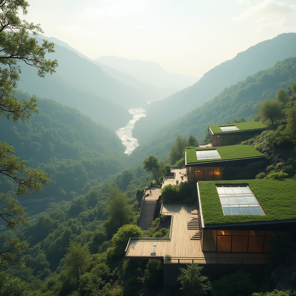 Prompt: Integrating schools into valley landscapes, modern architecture, green roofs, solar panels, wooden decks, stairs, glass walls, minimalist interior design, valley scenery, rolling hills, dense forests, meandering rivers, misty atmosphere, soft morning light, panoramic view, 3/4 composition, ambient Occlusion, cinematic rendering.