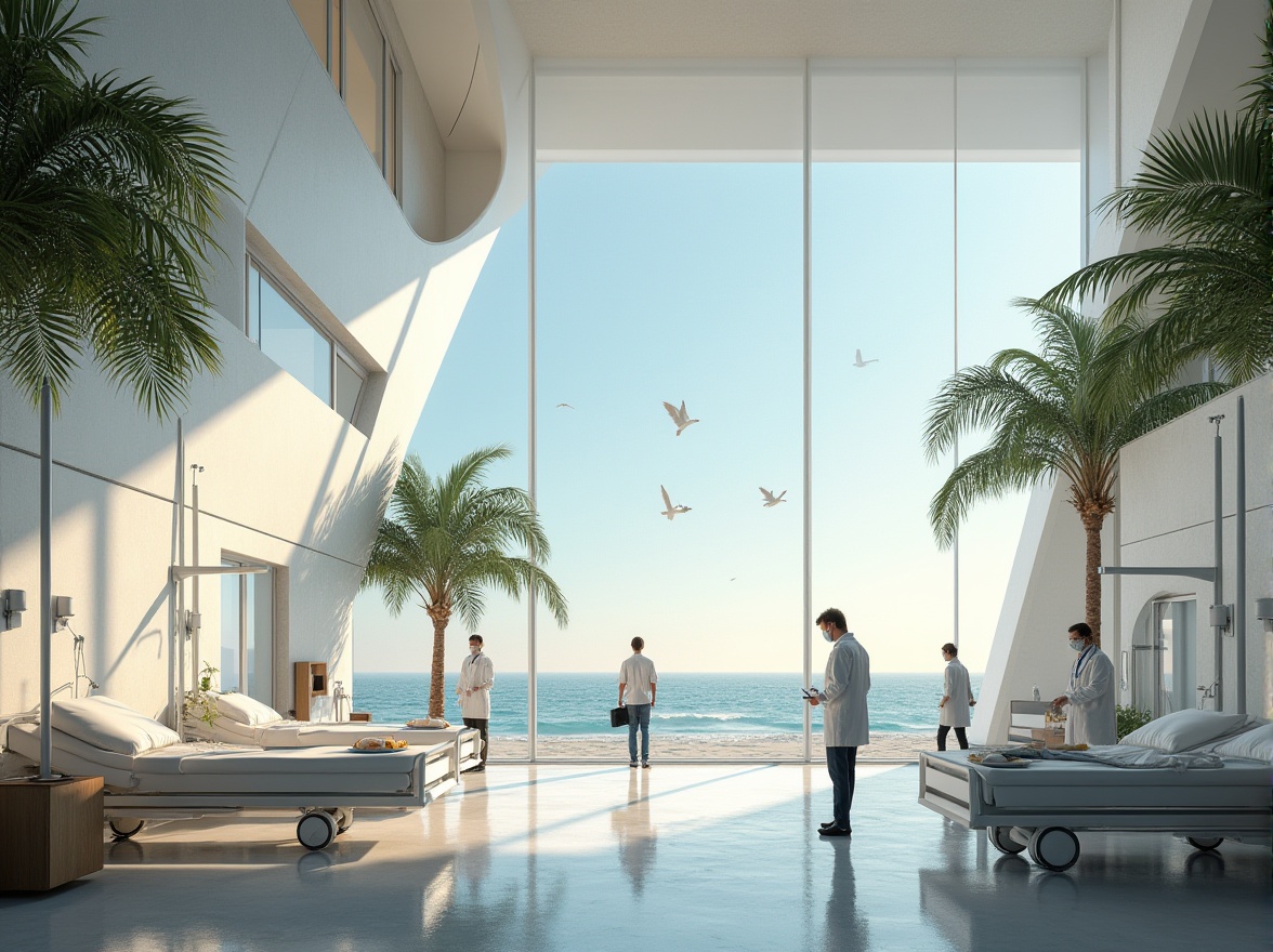 Prompt: Modern healthcare center, coastal area, Chukum material, sleek architecture, angular lines, large glass windows, ocean view, sandy beach, palm trees, seagulls flying overhead, warm sunny day, soft natural light, gentle sea breeze, staff in white coats, medical equipment, hospital beds, patients recovering, doctor examining patient, nurse taking notes, calming atmosphere, peaceful ambiance, 3/4 composition, shallow depth of field, realistic rendering.