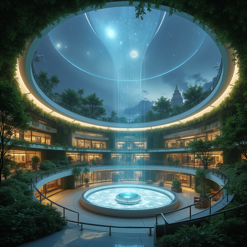 Prompt: Futuristic planetarium, fusion architecture, sustainable practices, green building, eco-friendly materials, solar panels, wind turbines, recycling facilities, lush greenery walls, LED lighting, panoramic views of stars and galaxies, circular seating area, holographic projections, interactive exhibits, 3/4 composition, low-angle shot, cinematic lighting, soft focus, shallow depth of field.