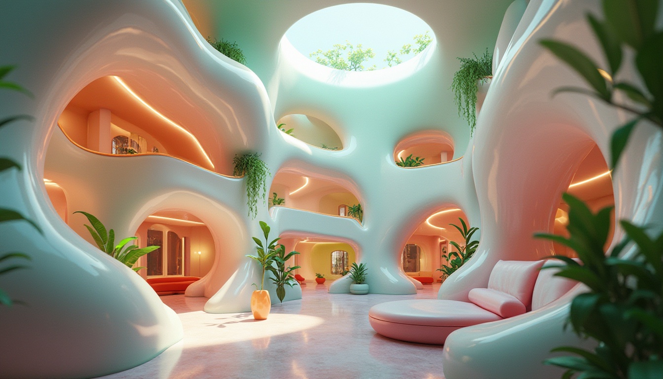 Prompt: Blob-like, futuristic dormitory building, rounded irregular shapes, pastel colors, smooth curves, iridescent materials, neon lights, glowing accents, soft LED ambiance, cozy atmosphere, minimalist furniture, sleek lines, modular rooms, communal spaces, open layout, green walls, hanging plants, natural light pouring in through skylights, warm and inviting color scheme, 3/4 composition, low-angle shot, cinematic lighting.