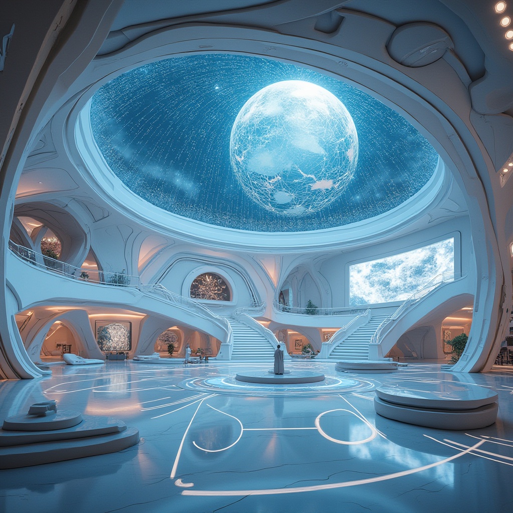 Prompt: Futuristic planetarium, fusion architecture, spherical dome, metallic structure, gleaming white surfaces, neon lights, holographic projections, 3D star maps, cosmic patterns, intricate details, angular lines, curved shapes, spacious interior, ambient lighting, soft shadows, futuristic ambiance, high-tech atmosphere, panoramic view, wide-angle shot, cinematic composition.