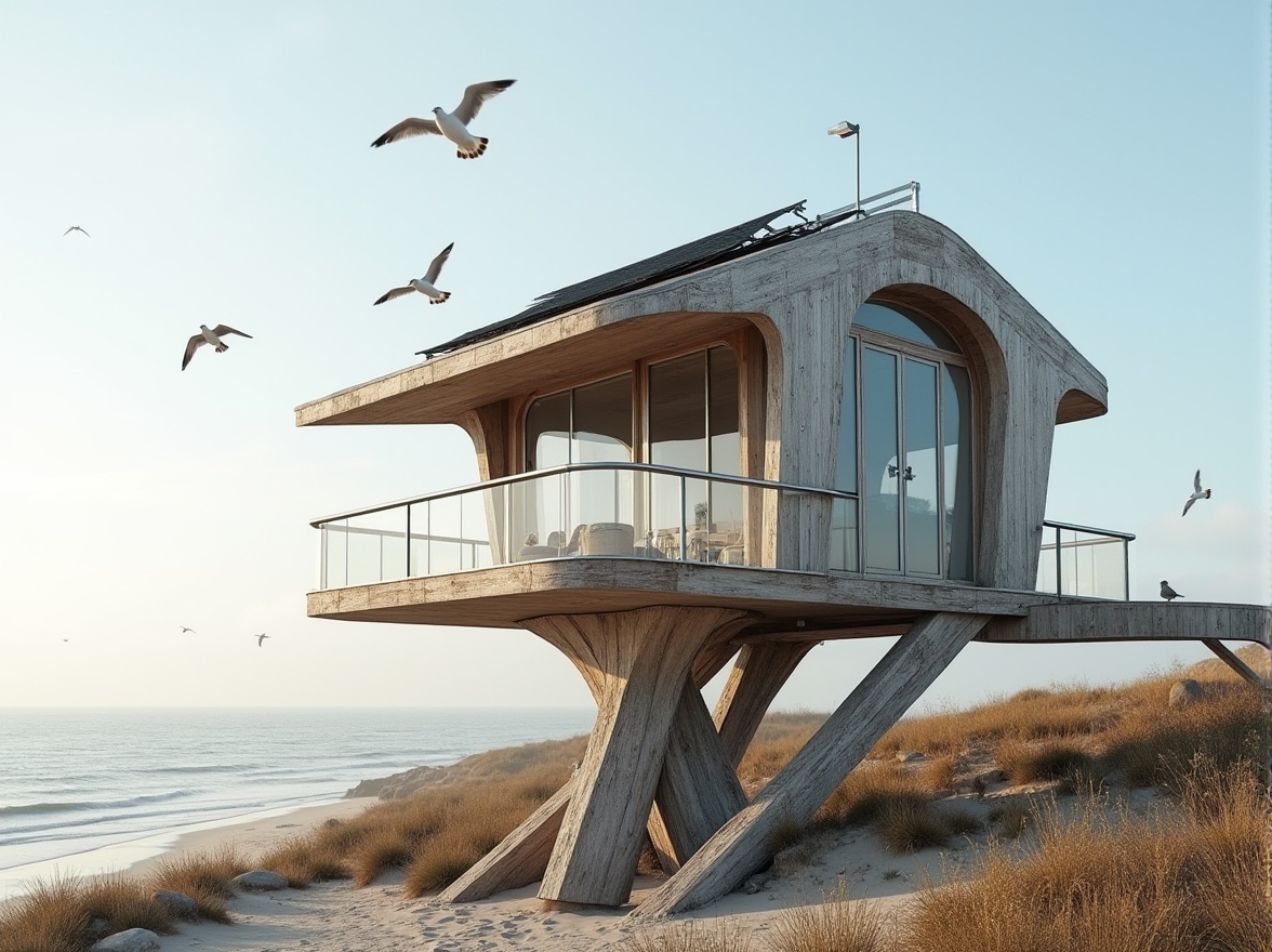 Prompt: Eco-friendly coastal watching tower, modern minimalist architecture, curved lines, large windows, solar panels, recycled wood, steel frames, beachside location, ocean views, seagulls flying overhead, gentle sea breeze, soft natural lighting, 3/4 composition, panoramic view, ambient Occlusion, atmospheric perspective, subtle textures, weathered wooden planks, rusted metal details.