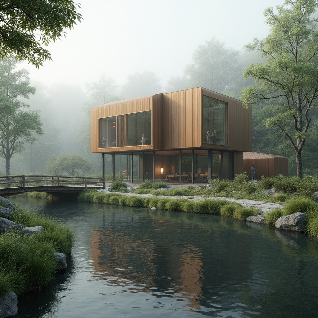 Prompt: Wetland architecture, modern building, bronze color accents, metallic materials, reflective surfaces, water reflection, surrounding lush greenery, misty atmosphere, foggy morning, natural lighting, soft focus, shallow depth of field, rustic wooden bridge, winding stone pathway, serene ambiance, wildlife habitat, birdwatching, eco-friendly design, sustainable materials, organic forms, earthy tones, gentle ripples on the water surface.