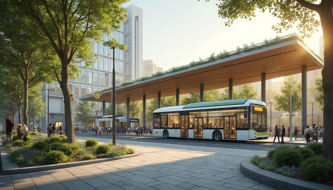 Prompt: Modern bus station, sustainable design, green roof, solar panels, rainwater harvesting system, eco-friendly materials, natural light, open space, minimalist architecture, urban renewal project, city center, vibrant street art, diverse community, busy commuters, morning rush hour, warm sunlight, shallow depth of field, realistic rendering, soft focus on background.