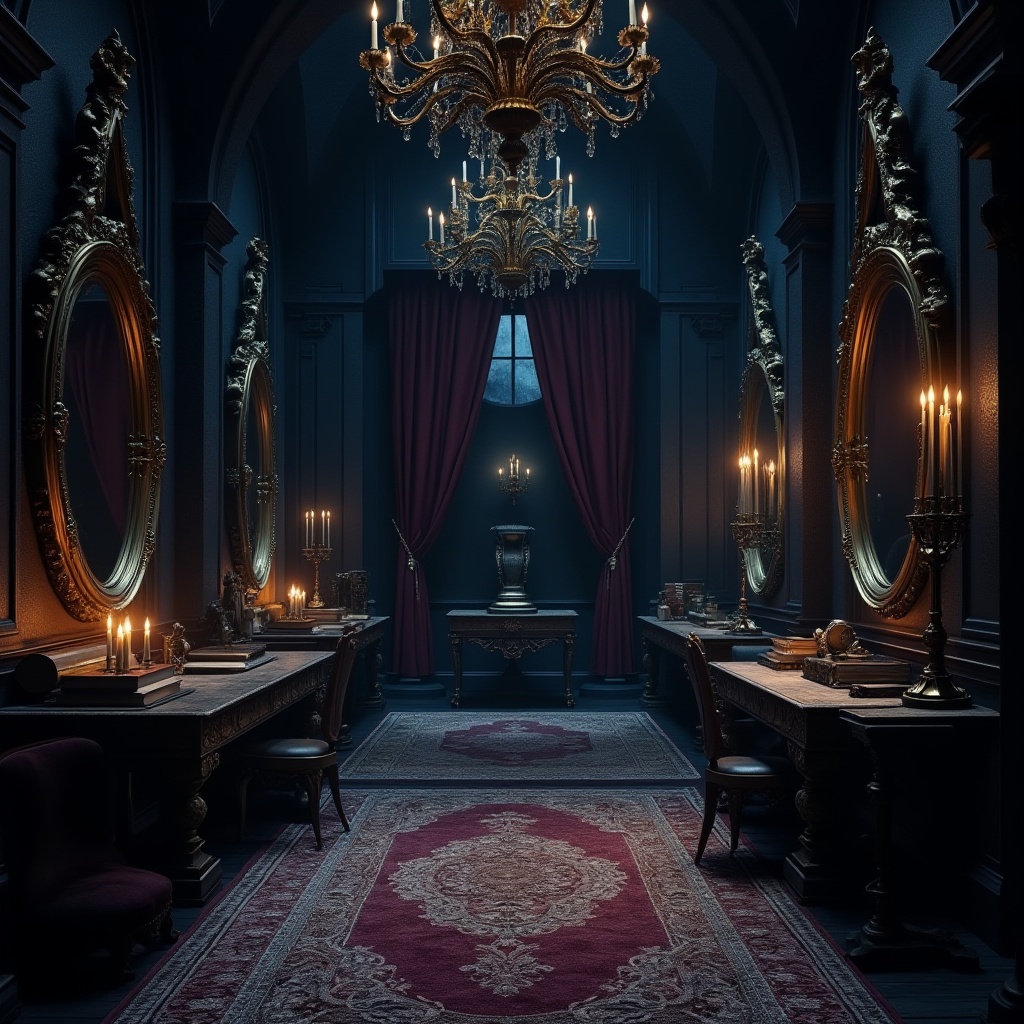 Prompt: Dark mysterious ambiance, gothic interior, navy blue dominant walls, ornate gold frame mirrors, grandiose chandeliers, velvet drapes, luxurious thick carpets, baroque furniture, mysterious candles, old leather-bound books, ancient artifacts, dimmed soft lighting, dramatic shadows, cinematic composition, 3/4 view, dark academia, mysterious atmosphere.