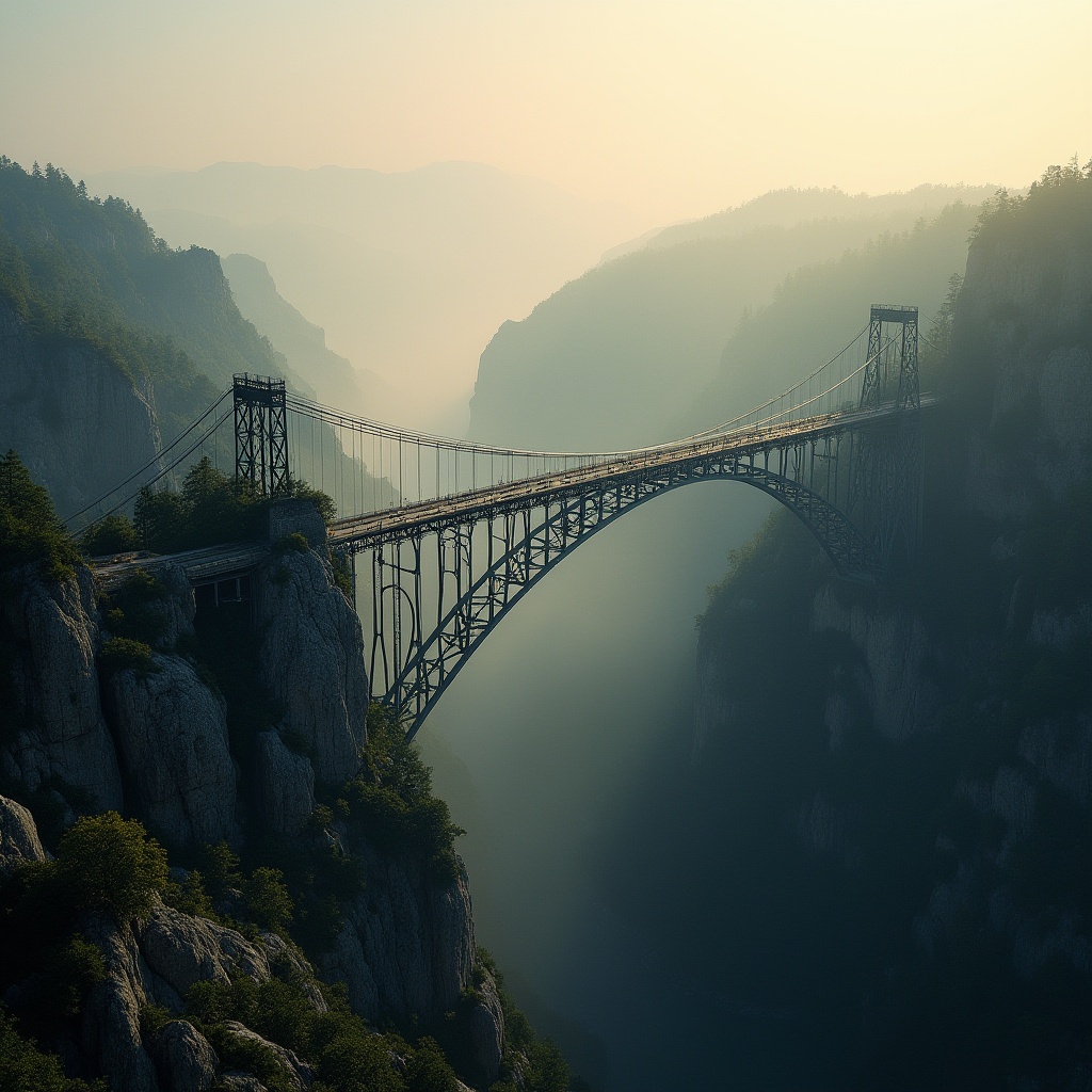 Prompt: Plateau landscape, designing bridges, steel arch bridge, suspension bridge, cable-stayed bridge, rugged terrain, steep cliffs, deep valleys, misty atmosphere, morning fog, golden hour light, dramatic composition, aerial view, 3/4 angle, shallow depth of field, blurred background, high contrast, vibrant colors, realistic textures, intricate details.