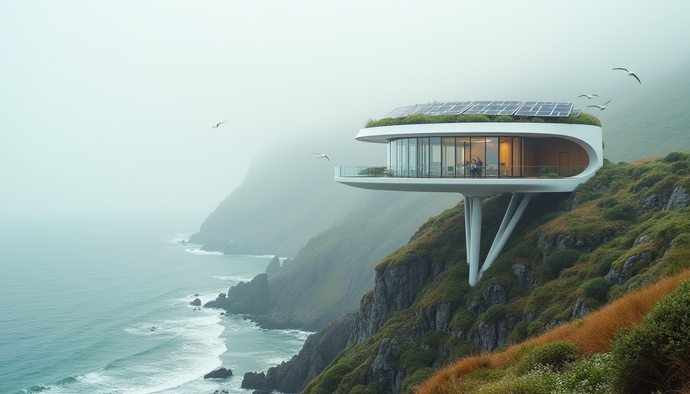 Prompt: Sustainable, eco-friendly, modern, coastal watching tower, minimalism, curves, white, glass, steel, wooden accents, solar panels, green roof, recyclable materials, energy-efficient, zero-carbon footprint, seaside, ocean views, dramatic cliffs, rugged coastline, misty atmosphere, seagulls flying overhead, panoramic view, wide-angle shot, natural lighting, soft focus, HDR, cinematic composition.