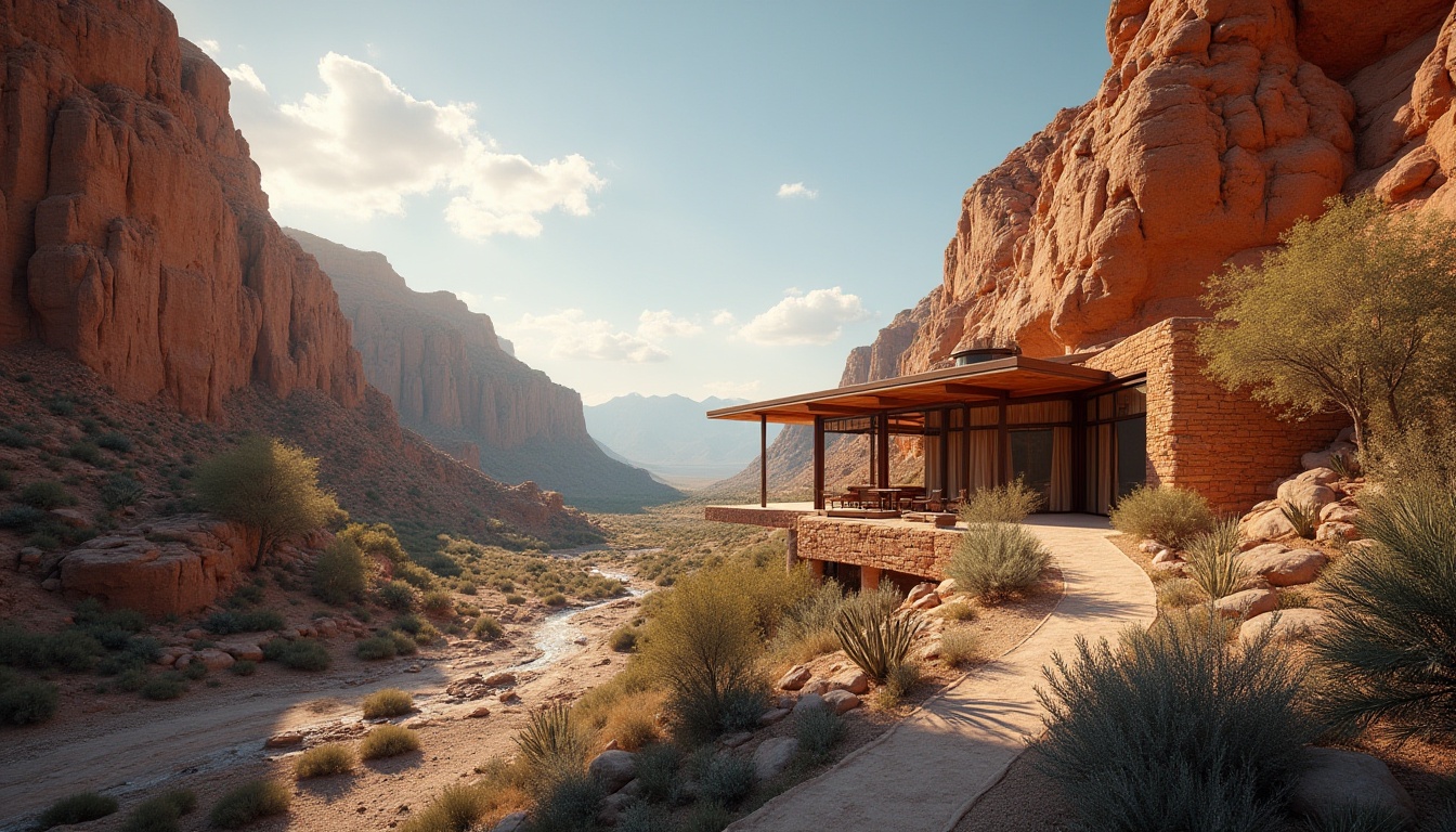 Prompt: Canyon architecture, adapting to climate, desert landscape, rocky cliffs, earthy tones, sandstone walls, wooden beams, large windows, panoramic view, 3/4 composition, soft natural light, warm ambient atmosphere, cacti and succulents, dry riverbed, distant mountains, blue sky with few clouds, cinematic lighting, realistic texture, HDR.