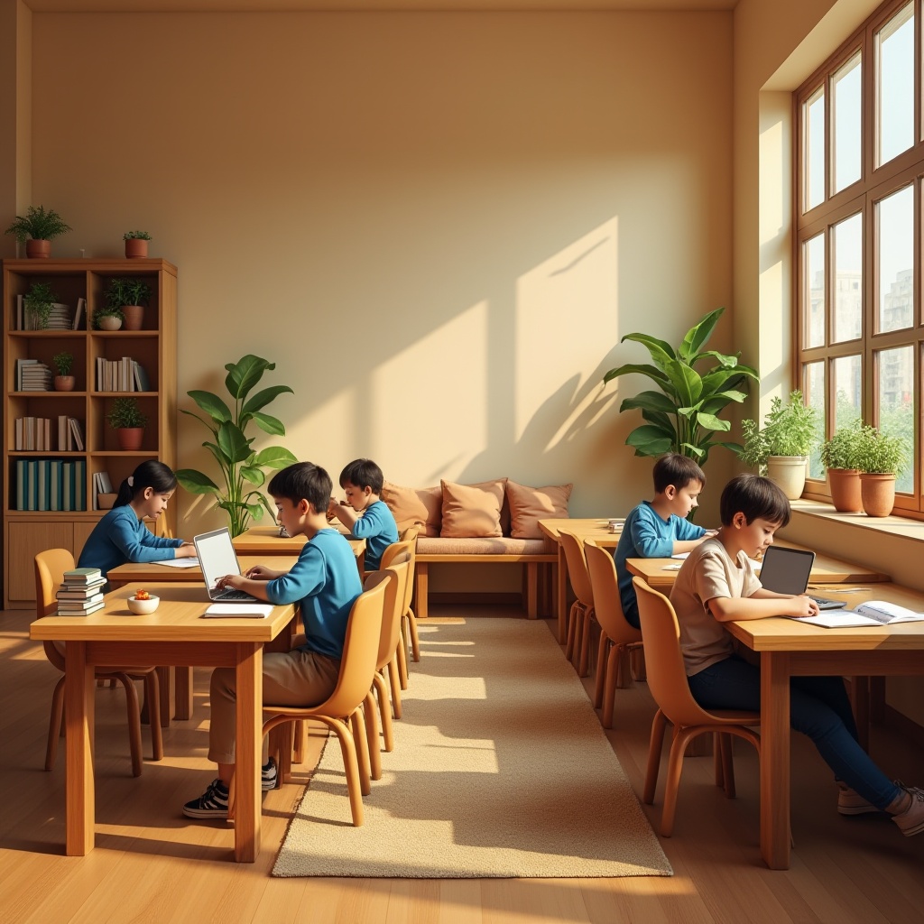 Prompt: Warm beige walls, brown wooden desks, comfortable cushioned chairs, students studying, taking notes, laptops open, educational books stacked, soft overhead lighting, natural light pouring through large windows, green plants on shelves, calm atmosphere, minimal decorations, earthy tone flooring, subtle texture, simple composition, inviting ambiance, cozy corner with pillows, warm color palette.