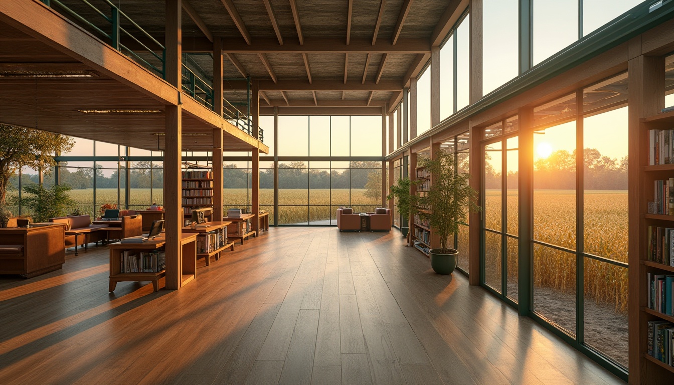 Prompt: Rural library, modern architecture, wooden structure, green roof, solar panels, large windows, natural light, reading nooks, cozy atmosphere, bookshelves, comfortable seating, community area, children's section, study rooms, farmland views, surrounding cornfields, wheat fields, sunset, golden hour, soft lighting, 3/4 composition, panoramic view, warm colors, earthy tones.