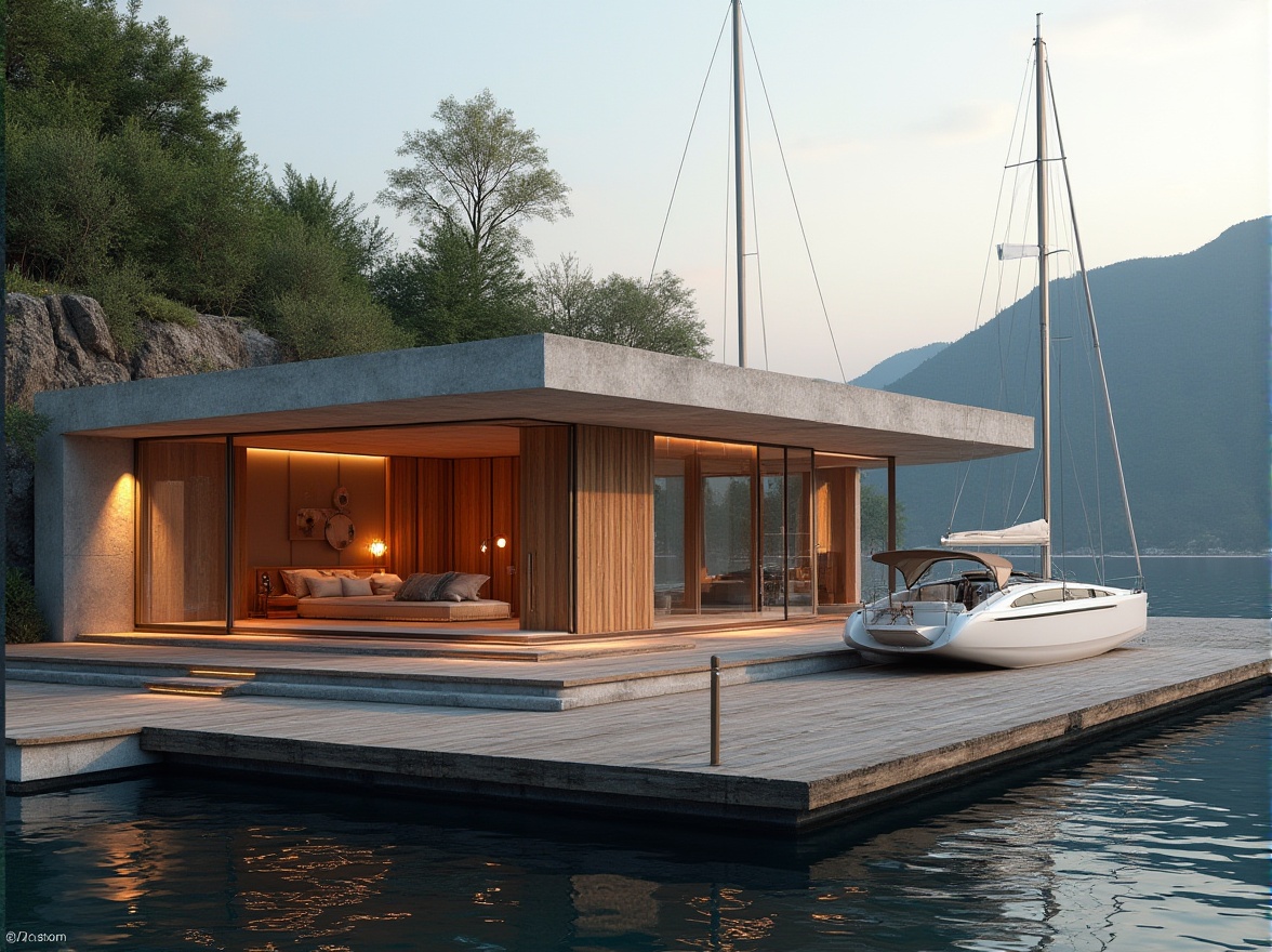 Prompt: Modern boathouse, waterfront, luxurious, wooden dock, sailboats, yachts, plastered concrete walls, rustic wooden accents, large windows, sliding glass doors, minimalist interior, soft beige color palette, ambient lighting, evening atmosphere, warm sunset glow, calm lake water, surrounding lush greenery, distant mountain range, 3/4 composition, shallow depth of field.