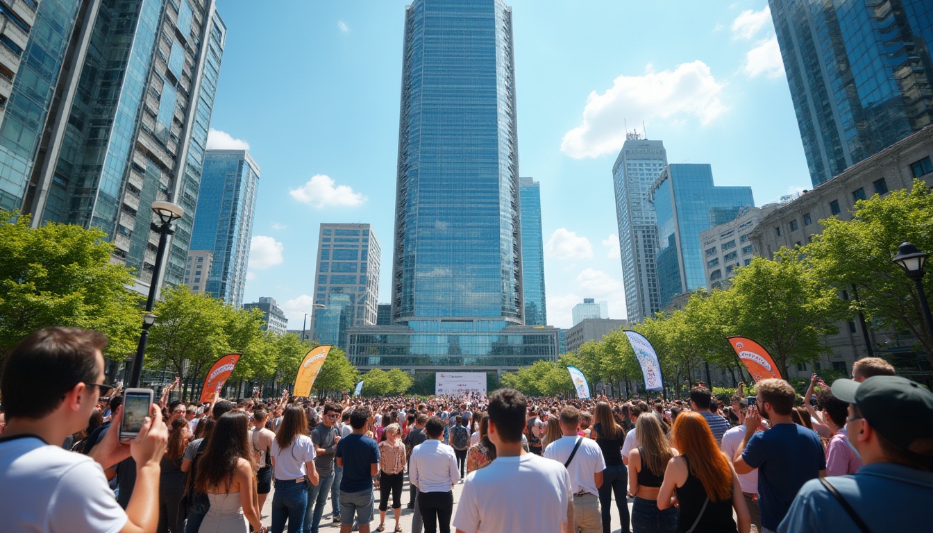 Prompt: Urban skyscraper, community engagement event, sunny afternoon, clear blue sky, few white clouds, people gathered around a podium, enthusiastic facial expressions, diverse age groups, casual clothing, jeans and t-shirts, hands holding smartphones for photography, some wearing hats and sunglasses, microphone in the center, city mayor or event host speaking, surrounding buildings with glass windows reflecting the scene, green trees scattered throughout the area, banners or balloons with community logos, vibrant colors, natural lighting, slight camera angle from a pedestrian's perspective.