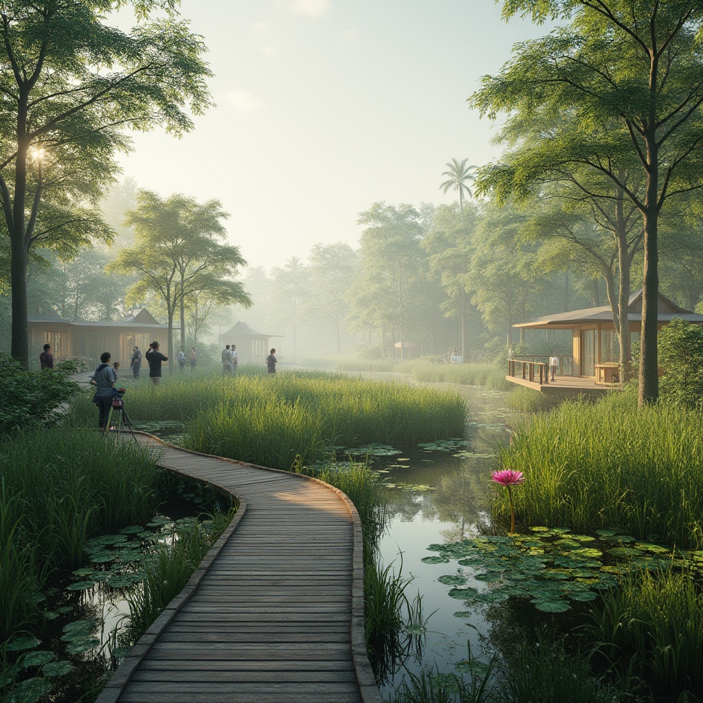 Prompt: Wetland design, sustainable practices, eco-friendly, natural habitat, serene atmosphere, misty morning, lush greenery, native plants, water lilies, cattails, wooden boardwalk, winding path, observation deck, birdwatching, binoculars, gentle breeze, soft sunlight filtering through trees, tranquil ambiance, nature reserve, conservation area, educational signage, interactive exhibits, recycled materials, solar panels, rainwater harvesting system, organic textures, natural colors, earthy tones.