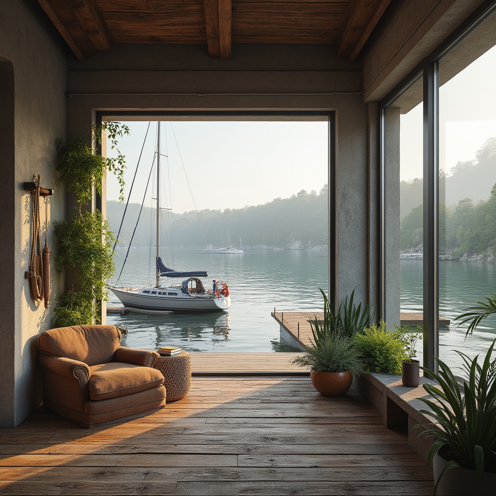 Prompt: Modern boathouse, waterfront, lake, river, wooden dock, sailboat, luxurious interior, plastered concrete walls, industrial chic, minimalist decor, large windows, natural light, scenic views, cozy reading nook, plush armchair, rustic wood accents, nautical ropes, potted plants, soft warm lighting, morning mist, tranquil atmosphere.