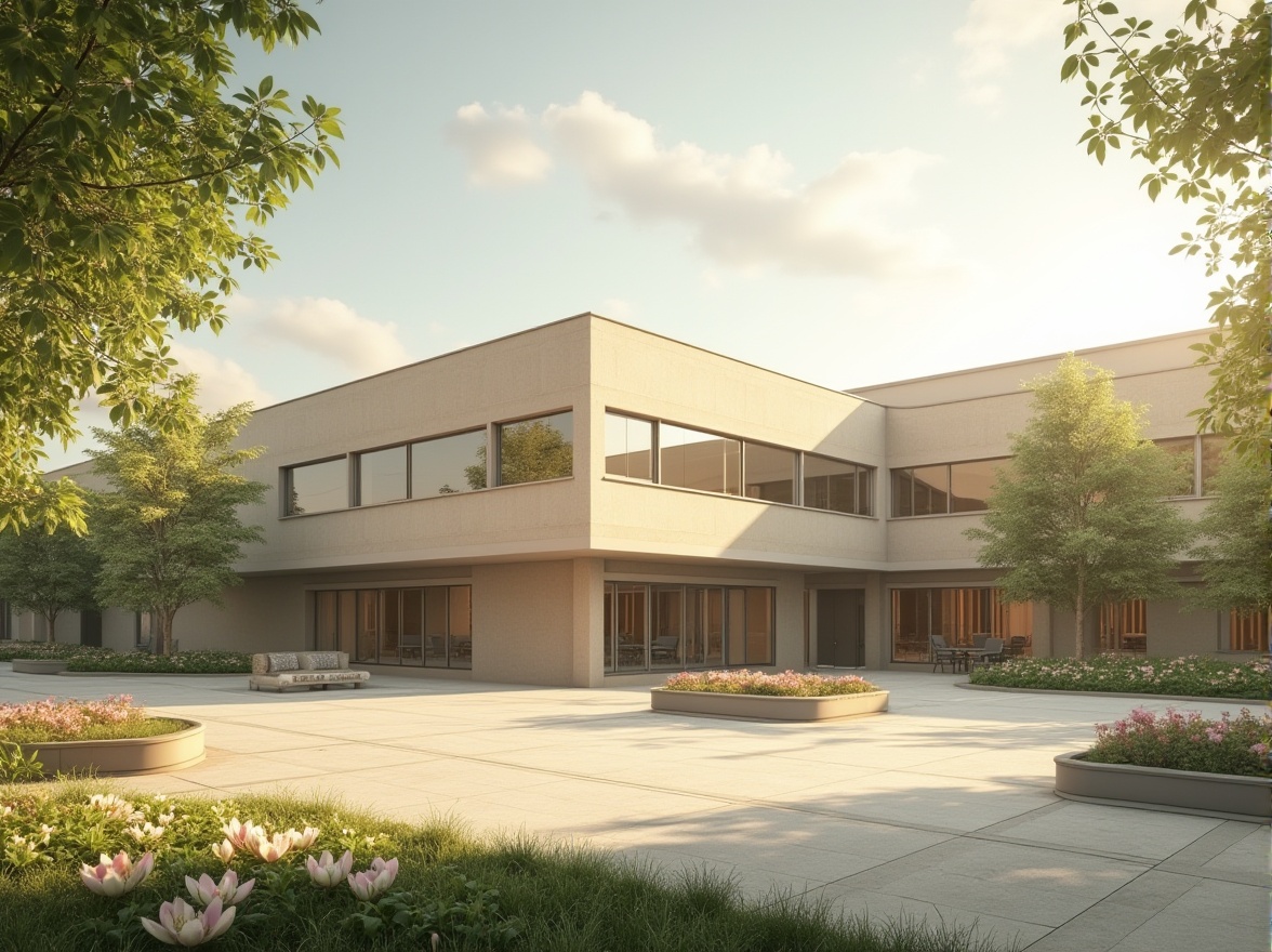 Prompt: Beige school building, minimalist design, rectangular structure, clean lines, flat roof, large windows, natural light pouring in, beige concrete walls, subtle texture, soft shadows, courtyard with lush greenery, vibrant flowers, modern benches, gentle curves, warm afternoon sunlight, 3/4 composition, symmetrical framing, soft focus, shallow depth of field, peaceful atmosphere.