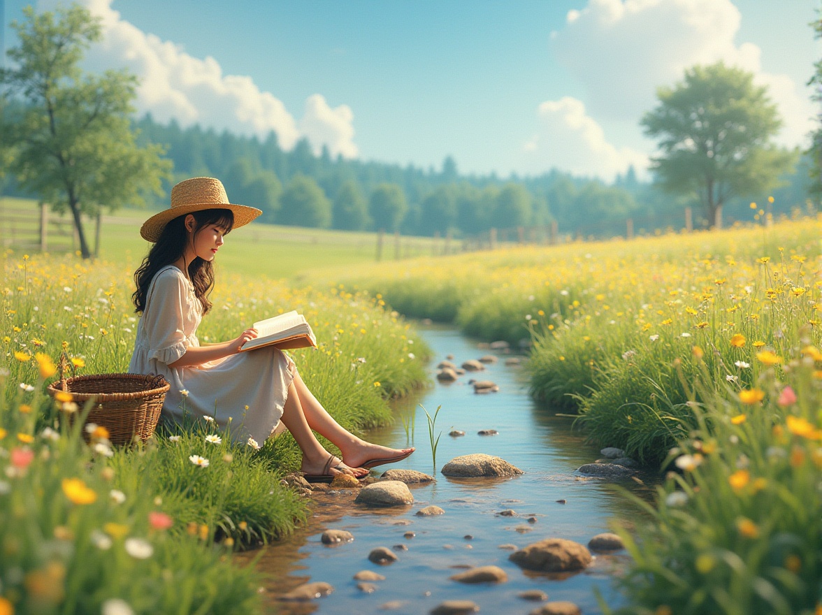 Prompt: Meadow scene, natural landscape, wildflowers blooming, vibrant colors, gentle breeze, warm sunlight, fluffy white clouds, soft green grass, a few trees scattered, wooden fence in distance, lazy afternoon, serene atmosphere, shallow creek flowing, stones and pebbles on creek bed, a solitary girl sitting, 18yo, sweet smile, casual wear, flowy sundress, straw hat, wicker basket beside her, reading book, relaxed posture, gentle facial expression, soft focus, warm color tone, cinematic composition, natural light.