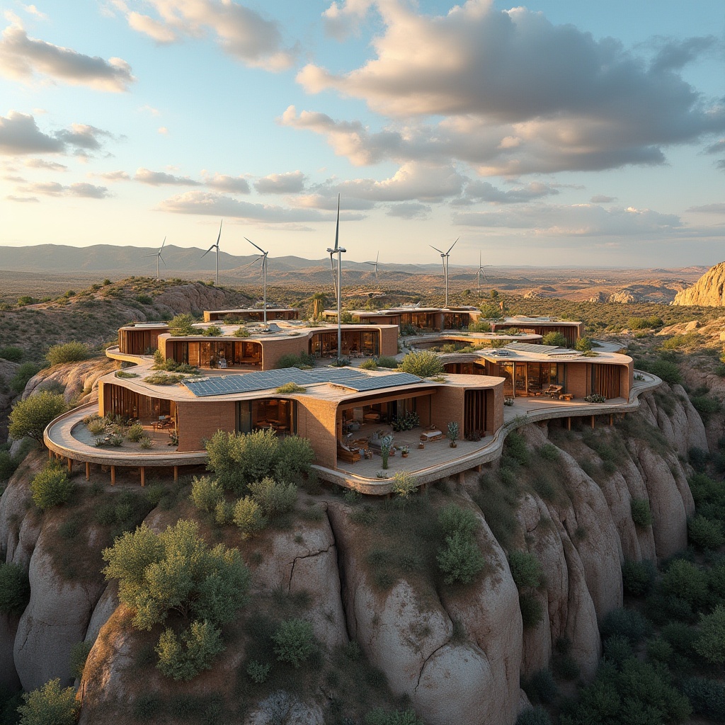 Prompt: Canyon architecture, adapting to climate, earthy tone, natural material, stone walls, wooden beams, green roofs, solar panels, wind turbines, water harvesting system, curved lines, organic shape, blending into surroundings, desert landscape, rocky cliffs, sparse trees, blue sky, dramatic clouds, warm lighting, afternoon sun, aerial view, panoramic composition.