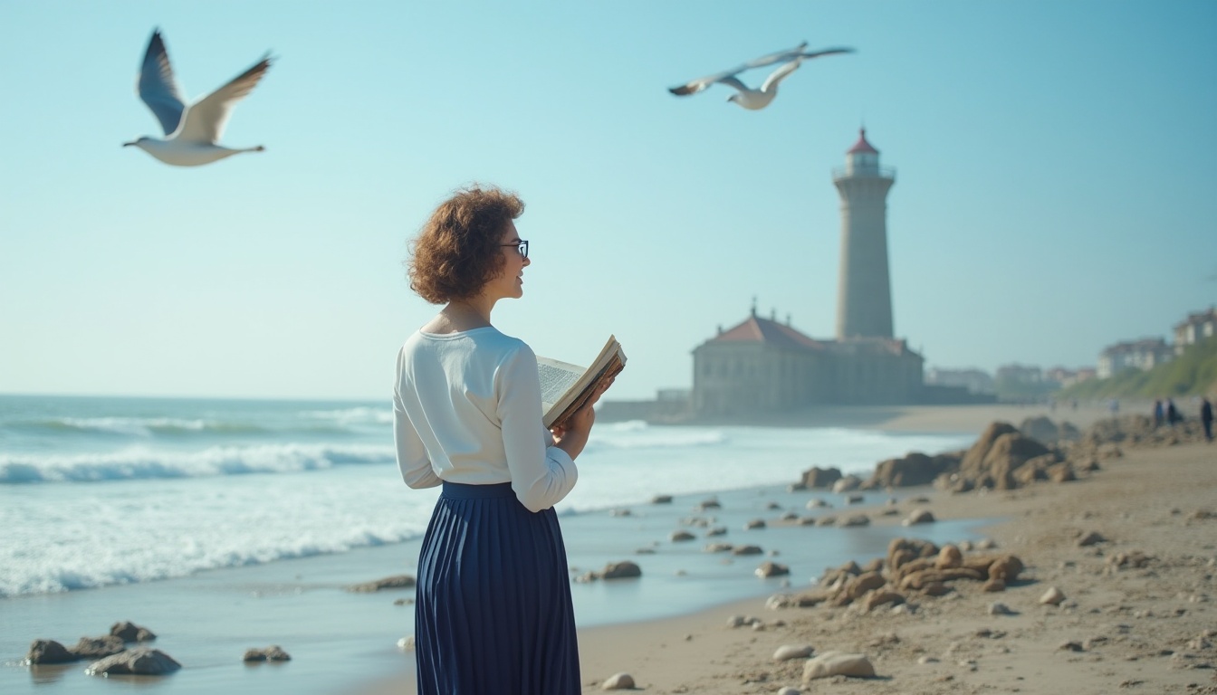 Prompt: Mature lady, professor, solo, (35yo), short curly brown hair, glasses, elegant makeup, white blouse, dark blue pleated skirt, high heels, holding a book, standing, watching towers, coastal scenery, sunny day, clear blue sky, seagulls flying overhead, waves crashing against the shore, rocks and pebbles on the beach, old lighthouse in the distance, 3/4 composition, soft natural lighting, warm atmosphere, cinematic mood.